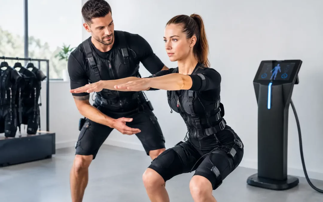 Two people in matching EMS suits perform squats together while a trainer guides them in a modern gym.