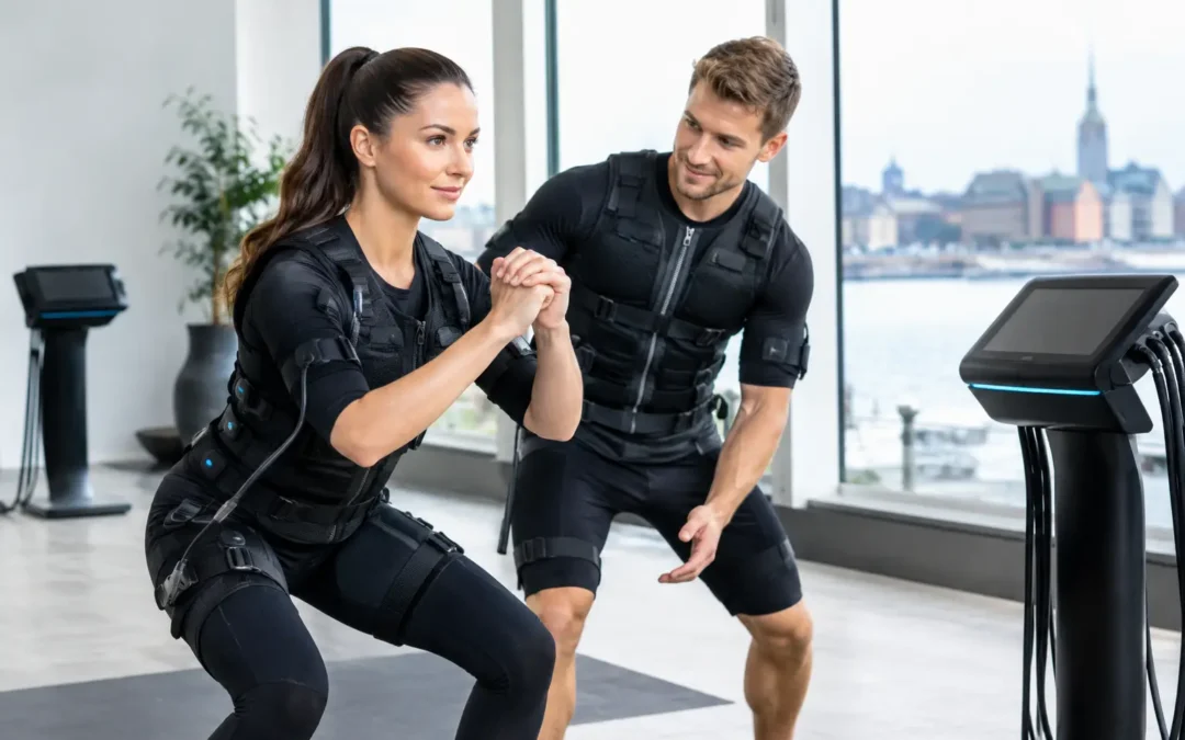 Two people in black electrostimulation suits perform squats in a bright gym while a trainer watches nearby.