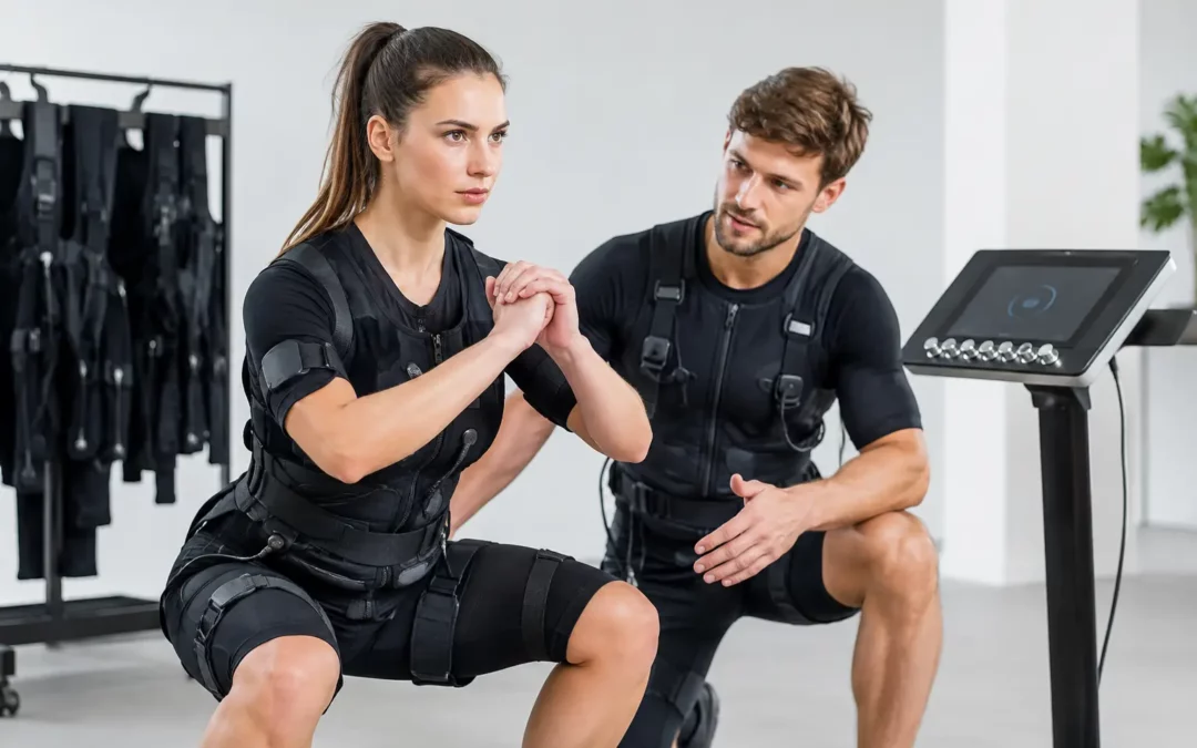 Woman in an EMS suit performing a squat while a trainer cues from the side in a gym setting.