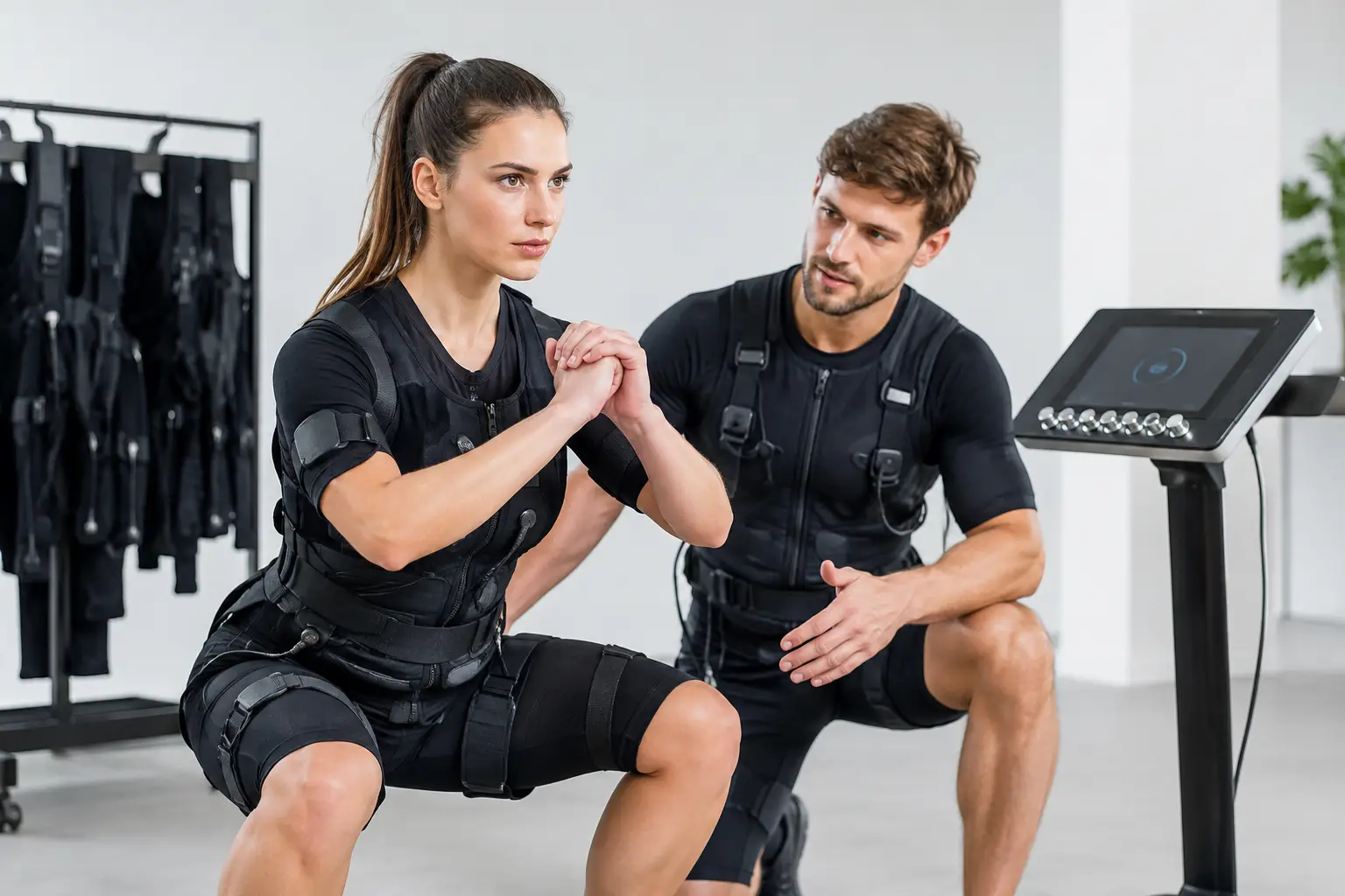 Woman in an EMS suit performing a squat while a trainer cues from the side in a gym setting.